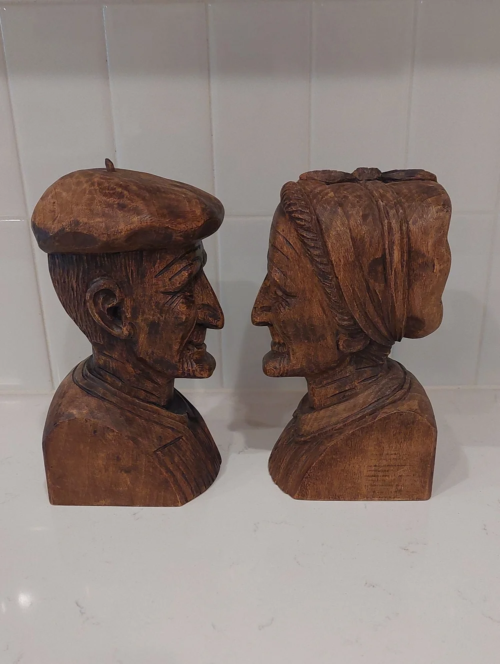 Hand Carved J. Alberdi Wooden Couple Bust Sculptures/Bookends